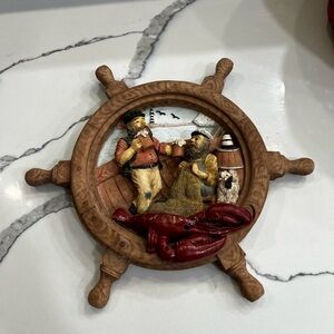 RARE VTG B.I.I 1997 3D Diorama Ship Wheel Sailors Dog & Lobster Wall Art! GREAT!
